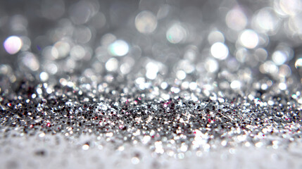 White textured surface scattered with small silver glitter particles of various sizes and shapes, creating a sparkling, festive, and elegant decorative background.
