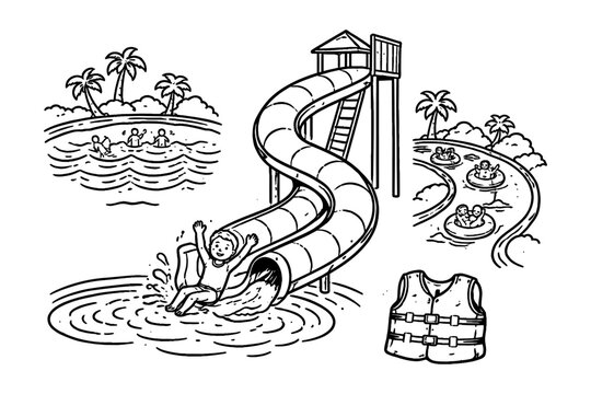 Black and white waterpark adventure with waterslide and lazy river elements