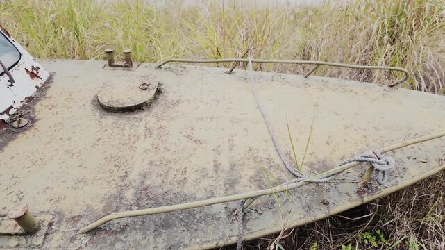 An abandoned, dilapidated, rusty patrol boat in the reeds of the wild.