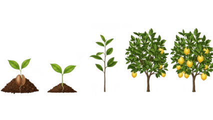 Illustration of lemon tree growth stages from seed to fruit