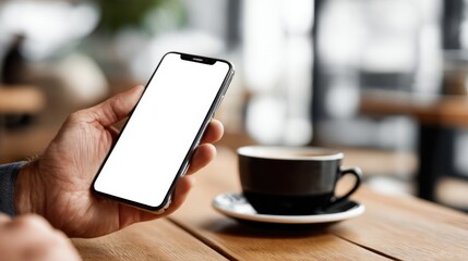 Hand holding smartphone with blank screen during business meeting