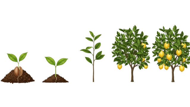 Illustration of lemon tree growth stages from seed to fruit