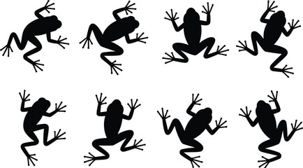 Frog silhouette icon set showing jumping amphibians isolated on white background minimalist vector illustration for wildlife nature symbol design