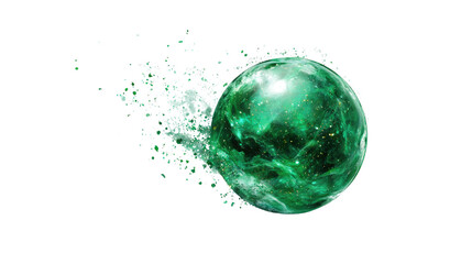 Emerald magic orb glowing with floating particles fantasy energy sphere mystical abstract design concept isolated on white background