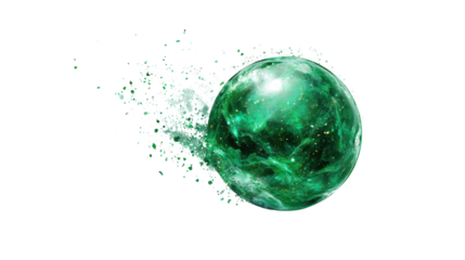 Emerald magic orb glowing with floating particles fantasy energy sphere mystical abstract design concept isolated on white background