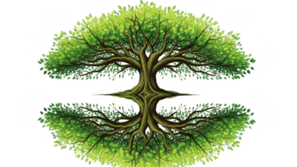 Symmetrical green tree with intricate roots and leaves