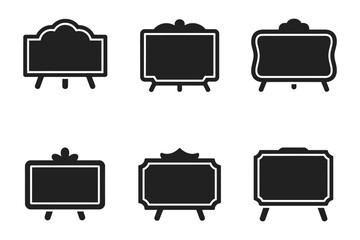 Vintage Style Advertising Chalkboard Signboards, six black silhouette designs for restaurant menus, caf&eacute; signage, retail promotions, branding displays, and classic typography layouts.