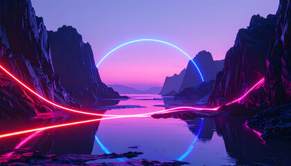 Synthwave neon mountain landscape with glowing path at sunset background.