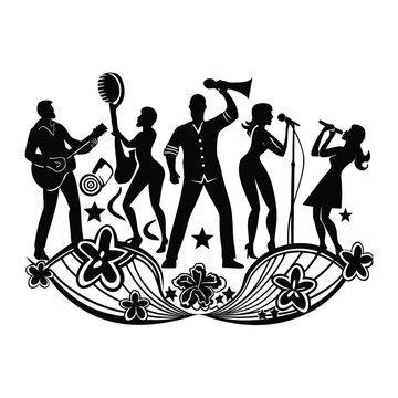 Band Silhouette Performing Music With Microphones And Guitars singing