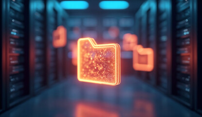 Glowing files floating in digital space, emphasizing the flow and management of data.