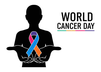 Multicolor Cancer Awareness Ribbon On Human Silhouette Minimal World Cancer Day Concept