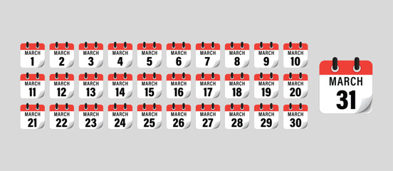 Flat calendar icon set from March 1 to March 31