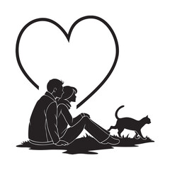 Couple with cat in heart silhouette