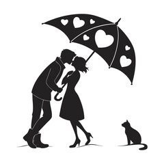 Romantic couple under heart-shaped umbrella on white background
