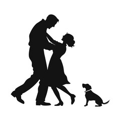 Couple dancing with dog silhouette