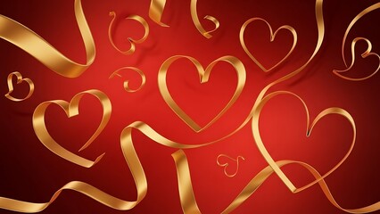 Elegant gold ribbon hearts on a luxury red background