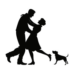 Silhouette of couple dancing with dog