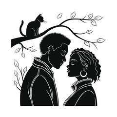 Silhouette couple with cat on branch