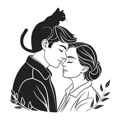 Romantic couple with cat illustration