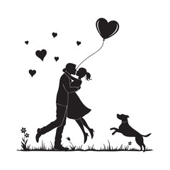 Couple with balloon and dog silhouette