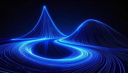 Synthwave futuristic neon landscape with glowing path, mountains and reflection reflecting in water.