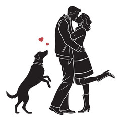 Couple walking with dog silhouette