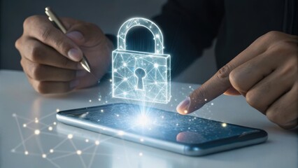A person using a smartphone with a holographic lock symbol, symbolizing digital security and technology.