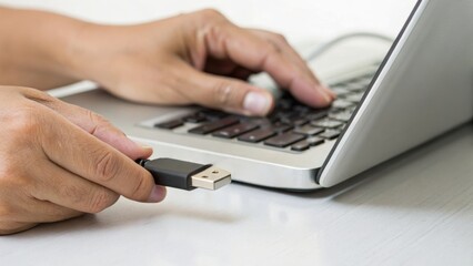 A hand is connecting a USB drive to a laptop, emphasizing technology and digital interaction in a modern workspace.