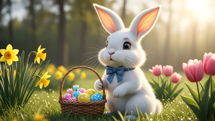 Happy easter bunny with colorful eggs in a basket on a sunny day
