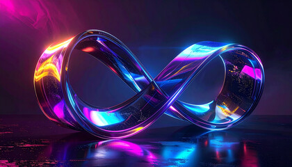 Abstract futuristic geometric metallic shapes and patterns with glowing neon lights.