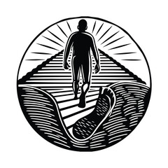 Stylized illustration of a person walking up stairs with sunburst vector