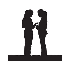 Silhouette of two women in suits looking at a document business
