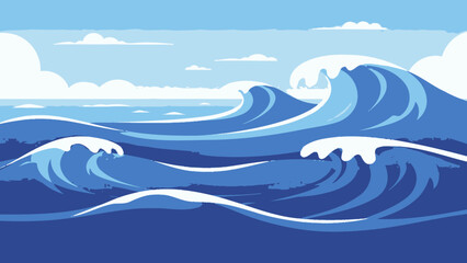 Dynamic blue ocean waves crashing under a cloudy sky, natural seascape background