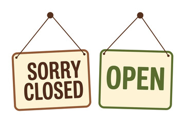 Sorry We&rsquo;re Closed and Come In We&rsquo;re Open Store Signs, hanging shop signboards with rope for business open closed status, retail shops, and service signage vector illustration.