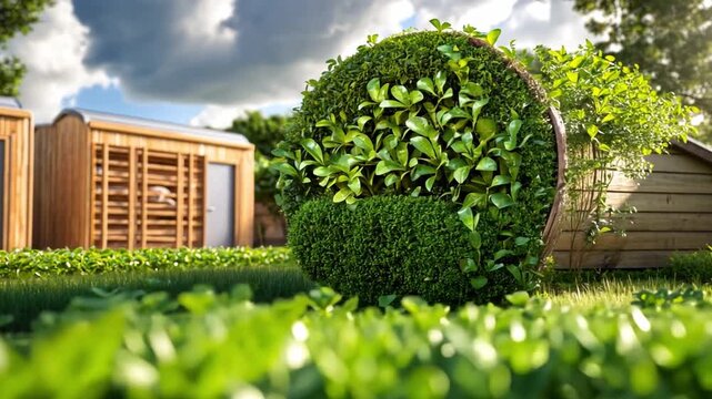 Garden Oasis: An eye-level shot captures a meticulously designed green oasis, showcasing the beauty of well-tended landscaping and outdoor space. 