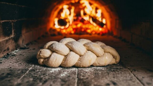 Challah dough baking in wood-fired oven