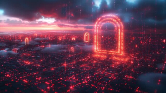 Crimson Gateway to the Horizon: A surreal, crimson-tinged vista unfolds, where glowing portals punctuate a sprawling cityscape engulfed in a sea of ethereal clouds.
