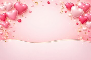 A congratulations card for Valentine Day with frame hearts, glitter, spots, decorations arranged on a soft pink halftone gradient background, copy space