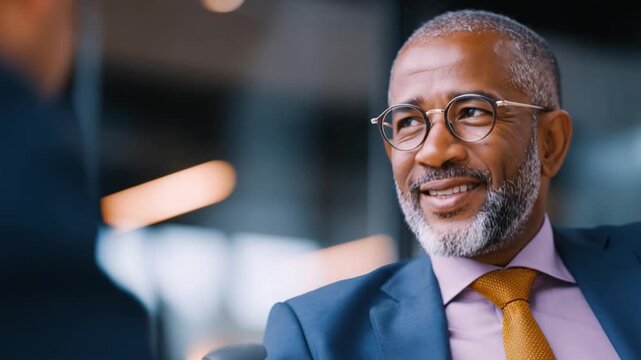 Executive Conversation: A distinguished executive engages in a focused and amicable discussion, his expression radiating professionalism and confidence within a modern setting.