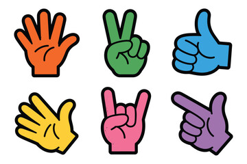 Fototapeta premium Trendy Hands, playful cartoon hand gestures with peace sign, thumbs up, rock on, and pointing fingers in Y2K retro halftone vector illustration style.