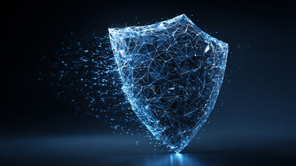 3D futuristic low poly guard shield symbol glowing on a dark blue background, representing cybersecurity, data protection, and modern digital wireframe design.
