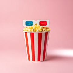 Colorful popcorn bucket with 3d glasses on top