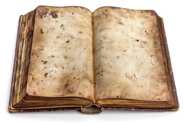 Open antique book with blank yellowed pages and worn cover isolated on white background