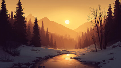 Winter mountain river in snow with coniferous forests and bare trees at golden sunsetwinter, mountain, river, snow, sunset, golden hour, sun, coniferous, forest, pine trees, bare