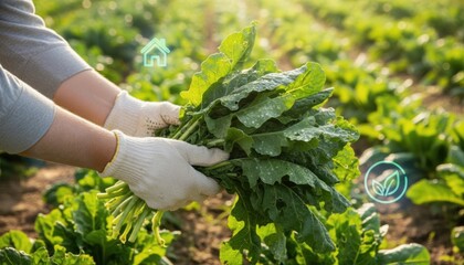 A person wearing gloves holds a bundle of freshly harvested greens in a field, surrounded by vibrant plants.