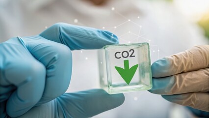 A hand in gloves holds a glass cube with a downward green arrow and "CO2" symbolizing carbon reduction efforts.