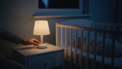 A serene nursery scene at night, featuring a hand adjusting a lamp beside a crib with a sleeping baby.