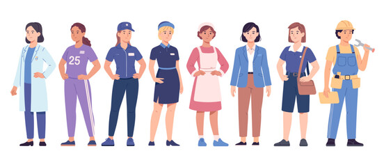 A group of diverse women showcasing different professional outfits, highlighting empowerment, career diversity, and the importance of representation in various fields of work.