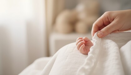 A gentle hand holds a soft blanket, revealing a tiny baby hand, symbolizing care and tenderness in a serene setting.