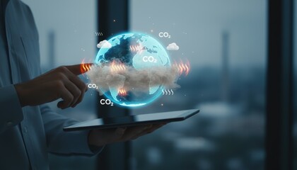 A person interacts with a digital globe displaying environmental data, highlighting CO2 and cloud information in a modern setting.